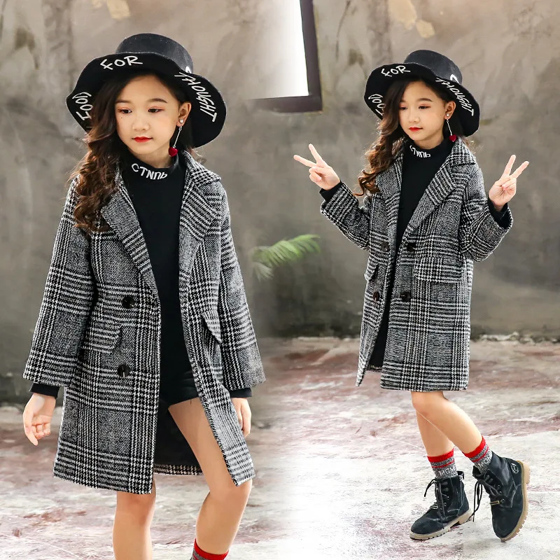 

Girls 4-12 years old woolen coat 2024 new autumn and winter new children's medium long plaid coat large child style tweed coat