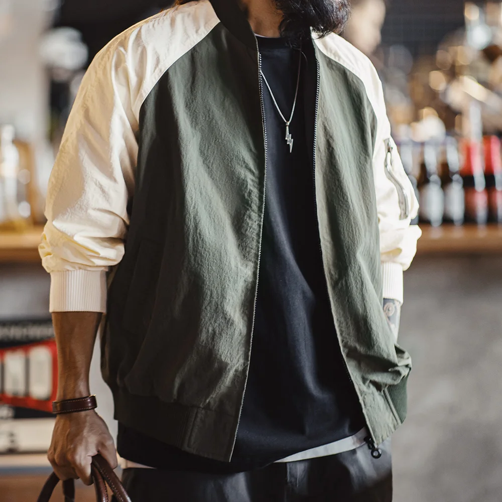 Maden Vintage Contrast-color MA1 Bomber Jacket Short Zip-up Pocket Baseball Jacket Men\'s Casual Outerwear for Spring and Autumn