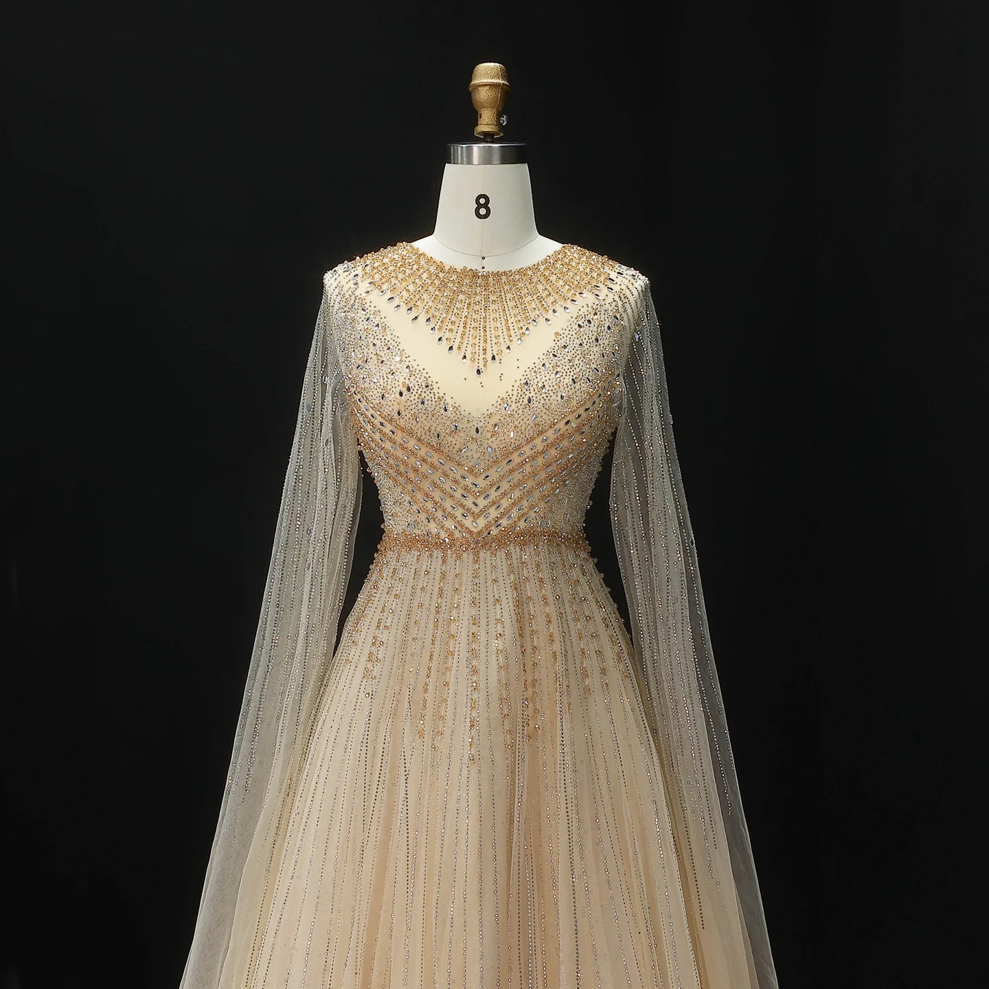 Sharon Said Luxuriöse Dubai Perlen-Kristall-Tüll-Abendkleider Elegante Cape-Ärmel Formelle Ballkleider SS054 Maßanfertigung – Detail 20