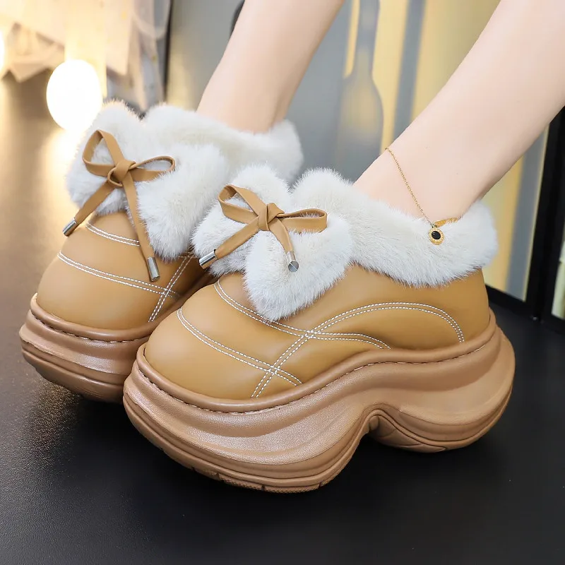 

New high platform furry slippers women's bow tied wrapped home shoe woman winter mules shoes plush clogs slip on bootie slipper