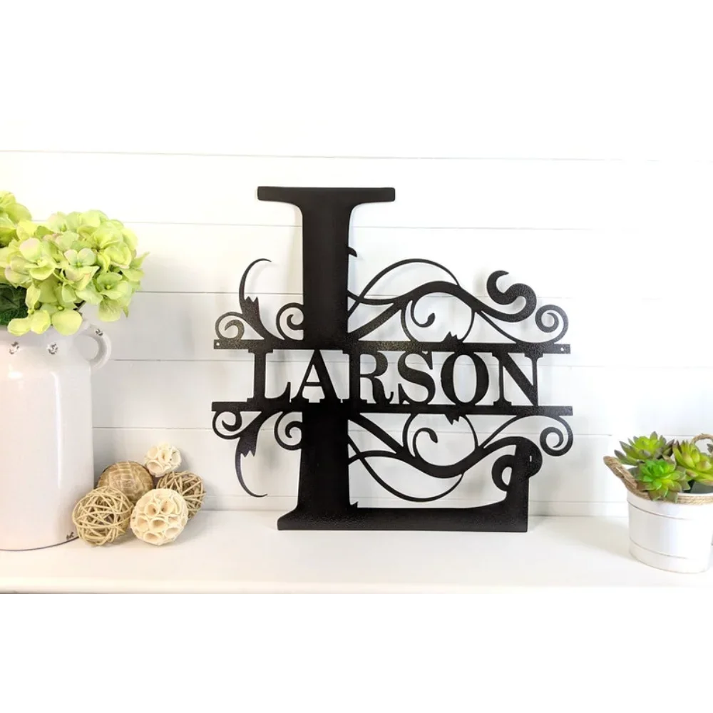 Custom Metal Monogram for Gallery Wall Decor Last Family Name Sign Personalized Wedding  with Split Name Monogram Design Garden