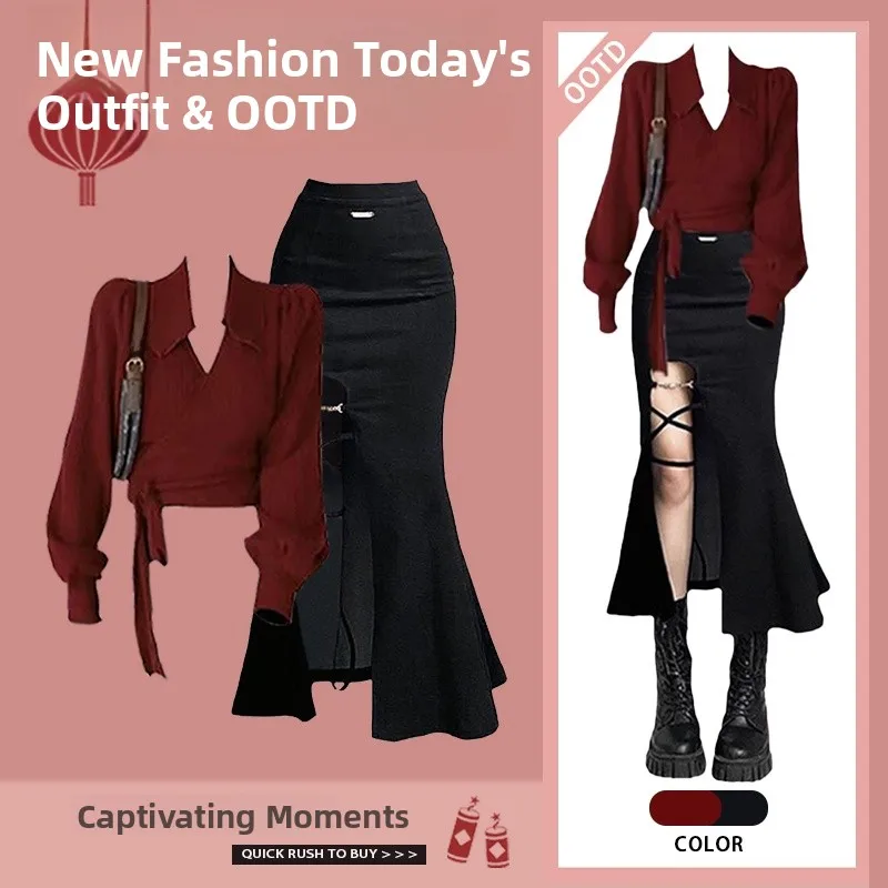 Faionable Knitted Sweater And Fi Tail Skirt Two Piece Set High Waist Midi Skirt  Knot Design for New Year Celebr...