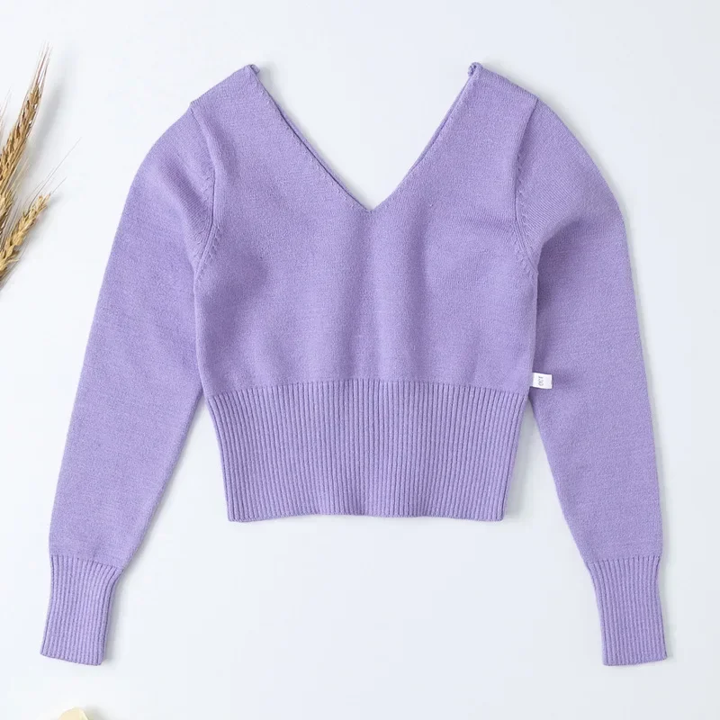 Cardigan de ballet taille haute pour fille, pull à col en V pour enfants, haut court en tricot, sweat-shirt à manches longues, justaucorps échauffés