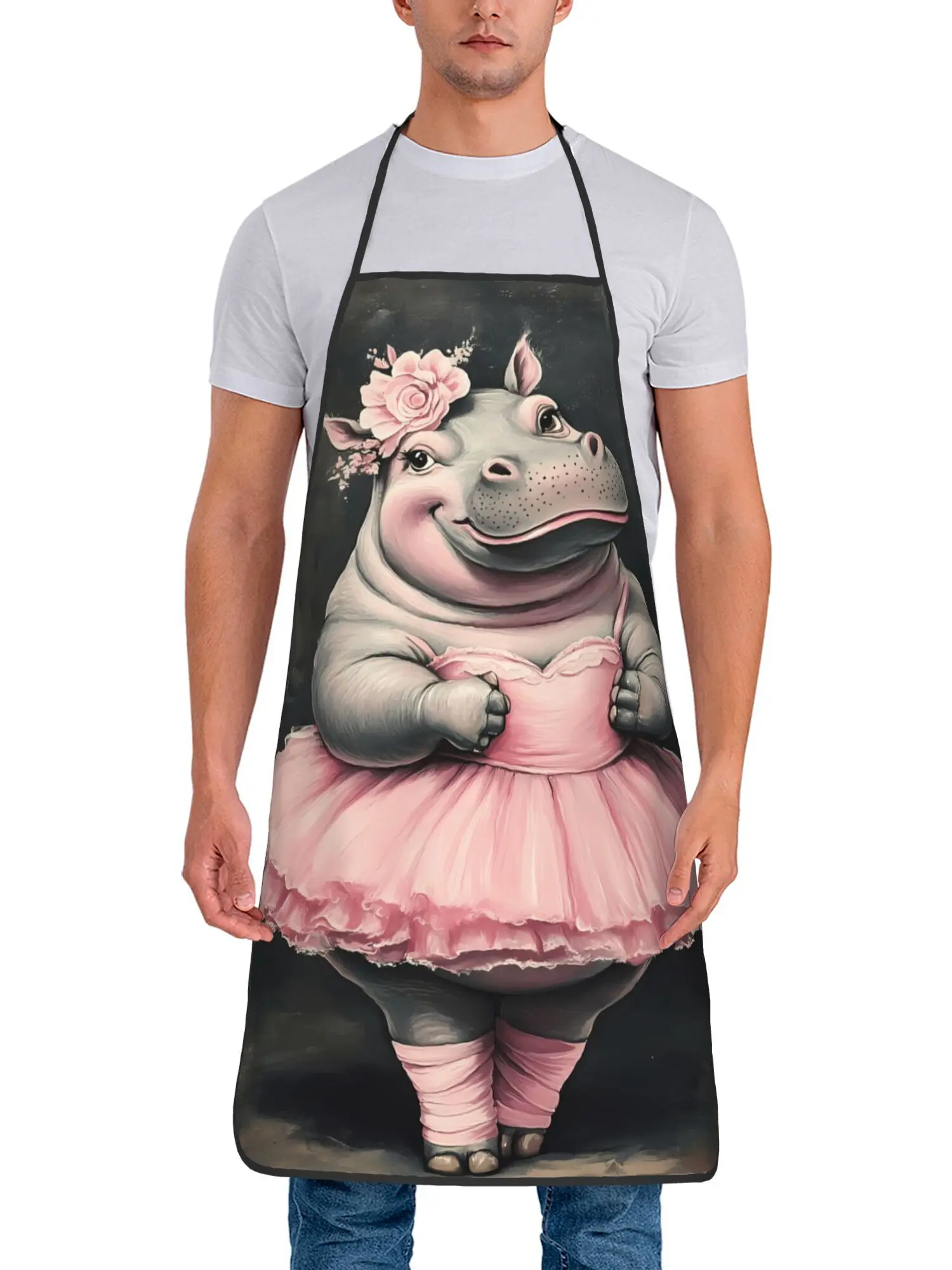 Retro Hippo Print Kitchen Apron Suitable For Hippo Lovers Fun Hippopotamus Apron For Casual Or Themed Parties