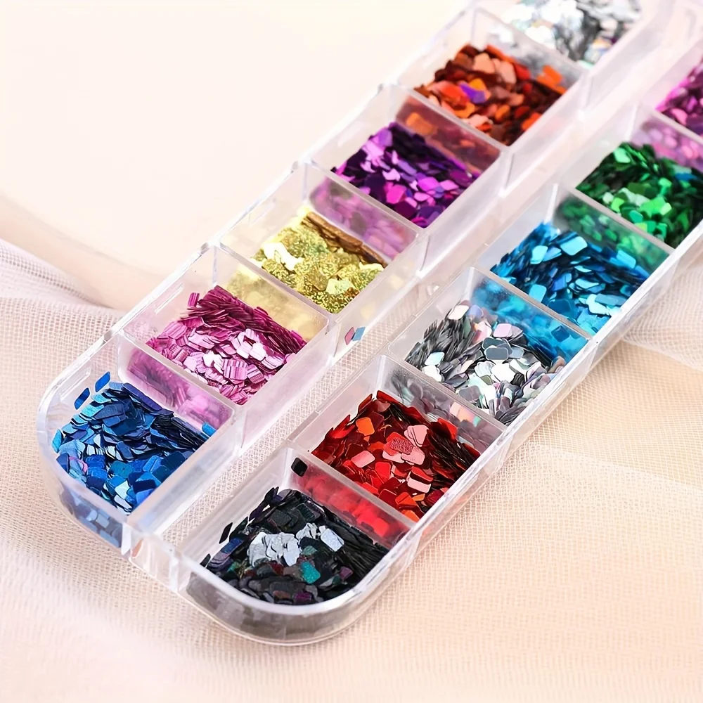 12 Grids Square Nails Glitter Sequin Holographic Nail Chips Shiny Rainbow Laser Mix New Year Sequins Valentine's Day Sequins