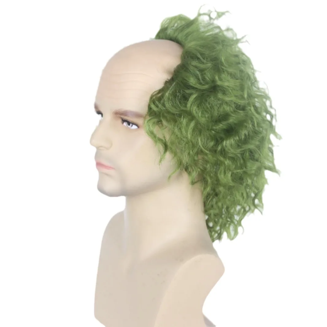 緑色のウィッグ、ハゲ頭用キャップ付き、短い巻き毛のアフロウィッグ、緑色のオンブレウェーブウィッグ、パーティー、コスプレ、コスチュームウィッグ、ハロウィン、男性用、女性用