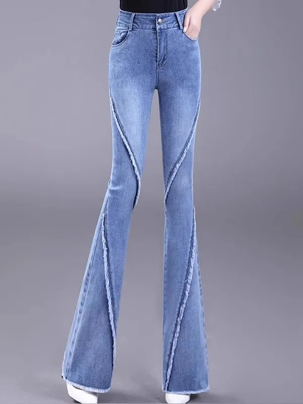 

Женские джинсы микро-клеш с высокой талией, облегающие, в корейском стиле, на все сезоны, из эластичного денима, Guangzhou Xintang Spicy Jeans