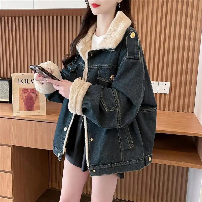2026年秋冬新作 厚手デニムジャケット レディース オーバーコート ファッション ゆったり 長袖 デニムジャケット 女性用 アウター 暖かいパーカー
