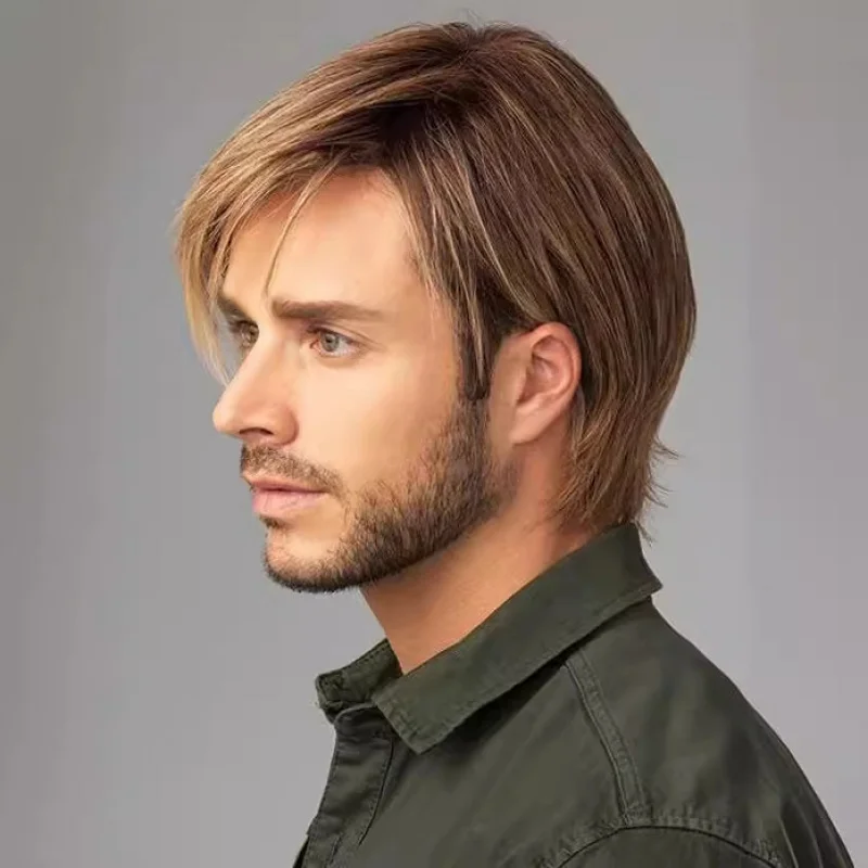 European and American men's short straight hair , golden-brown side-swept bangs wig