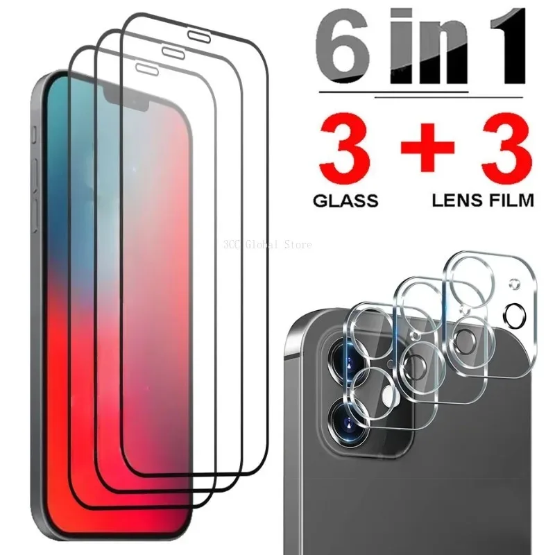 6 in 1 Full Cover Tempered Glass With Camera Lens Glass Protector For iPhone 12 Pro Max 14 15 Pro Max 11 Pro 13 Mini Glass