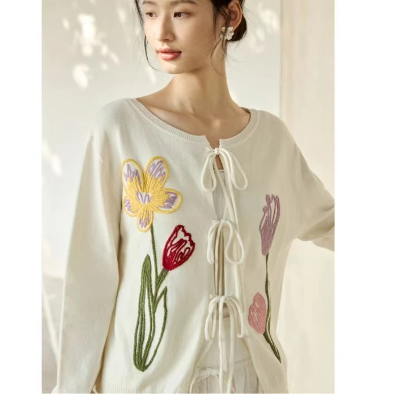 

JBOLID Vintage Floral Knitted Cardigan Women Cropped Sweater Outerwears Korean Lace Up Knitwears Winter Casual Jumpers Harajuku