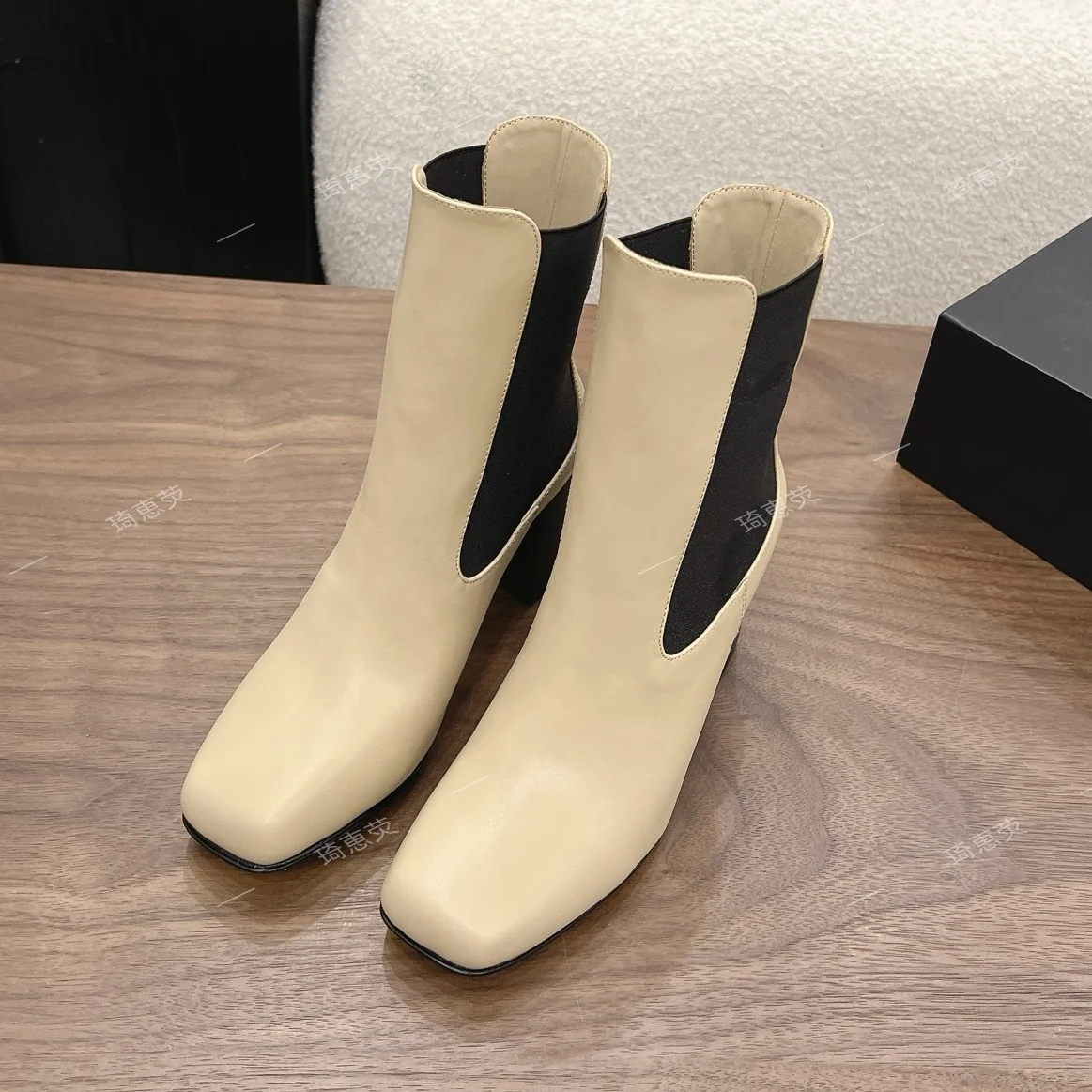 Color-Block Square-Toe Chunky-Heel Ankle Boots 2026 High-Heeled Fashion Boots Slimming With A Premium Feel Single-Layer Boots