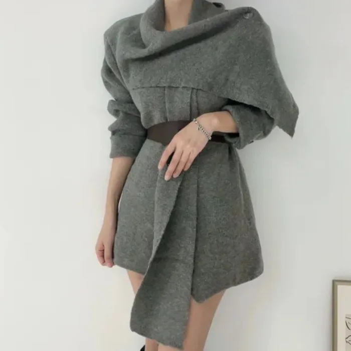 

Chic Korean Sle Women's Knitted Long Sve Coat with Scarf Collar And Belt Loose Aosphere Sensation Commute Sle Winter...