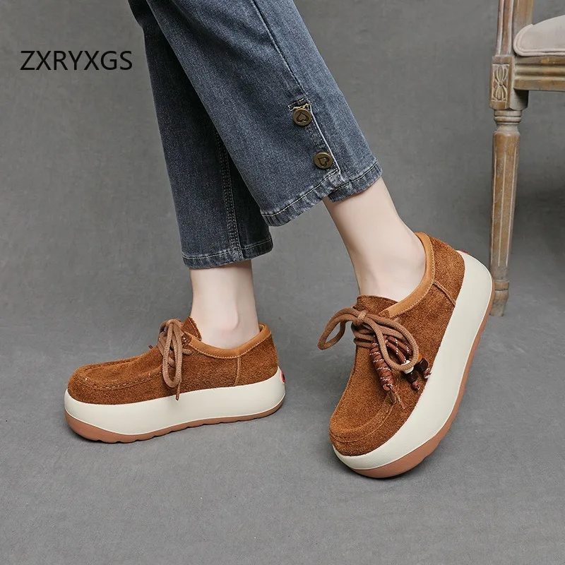 ZXRYXGS الطبقة العليا جلد البقر الرجعية سميكة سوليد الارتفاع زيادة أحذية رياضية أحذية خفيفة أنيقة الديكور النساء الأحذية العصرية 2025