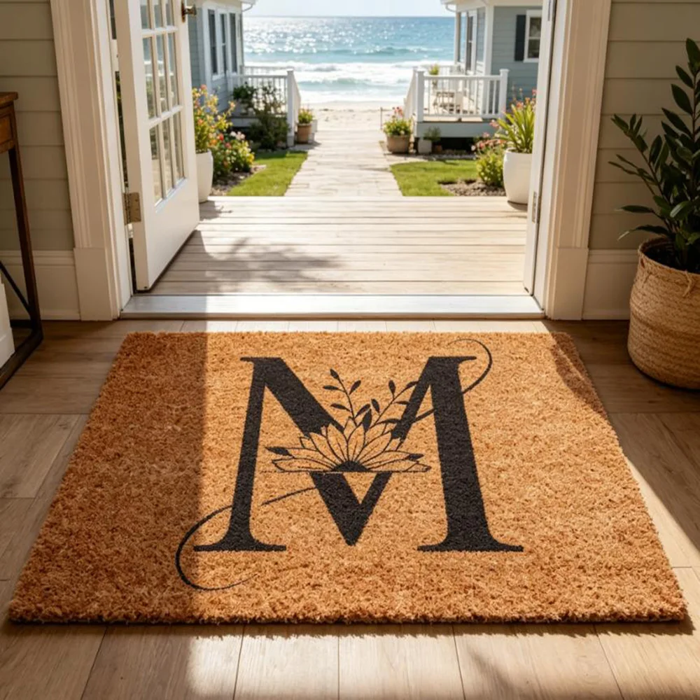 Tapis décoratif antidérapant à motif initial familial, style portable, pour villa de vacances, intérieur et entrée.