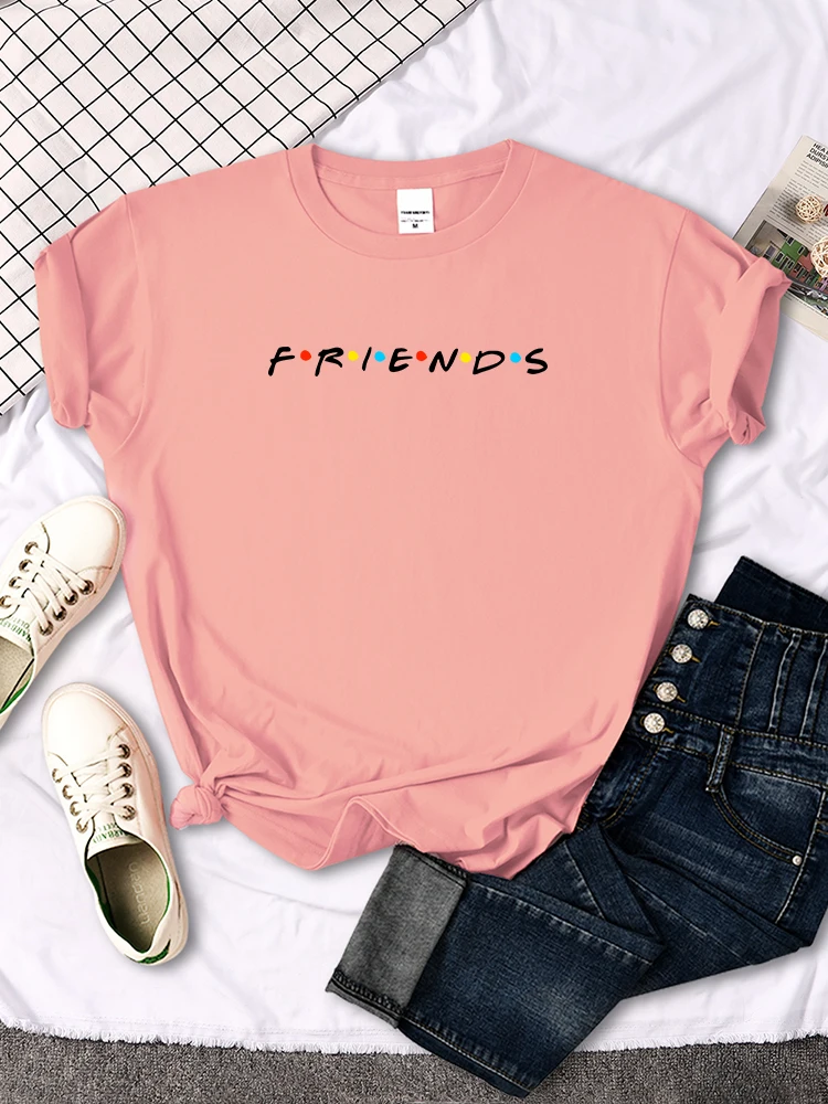 Creative Friends Letter Print T-Shirt Womens Casual Tees Japan Harajukua Style Loose Round Neck Clothing Girl Slim Funny Tshirt