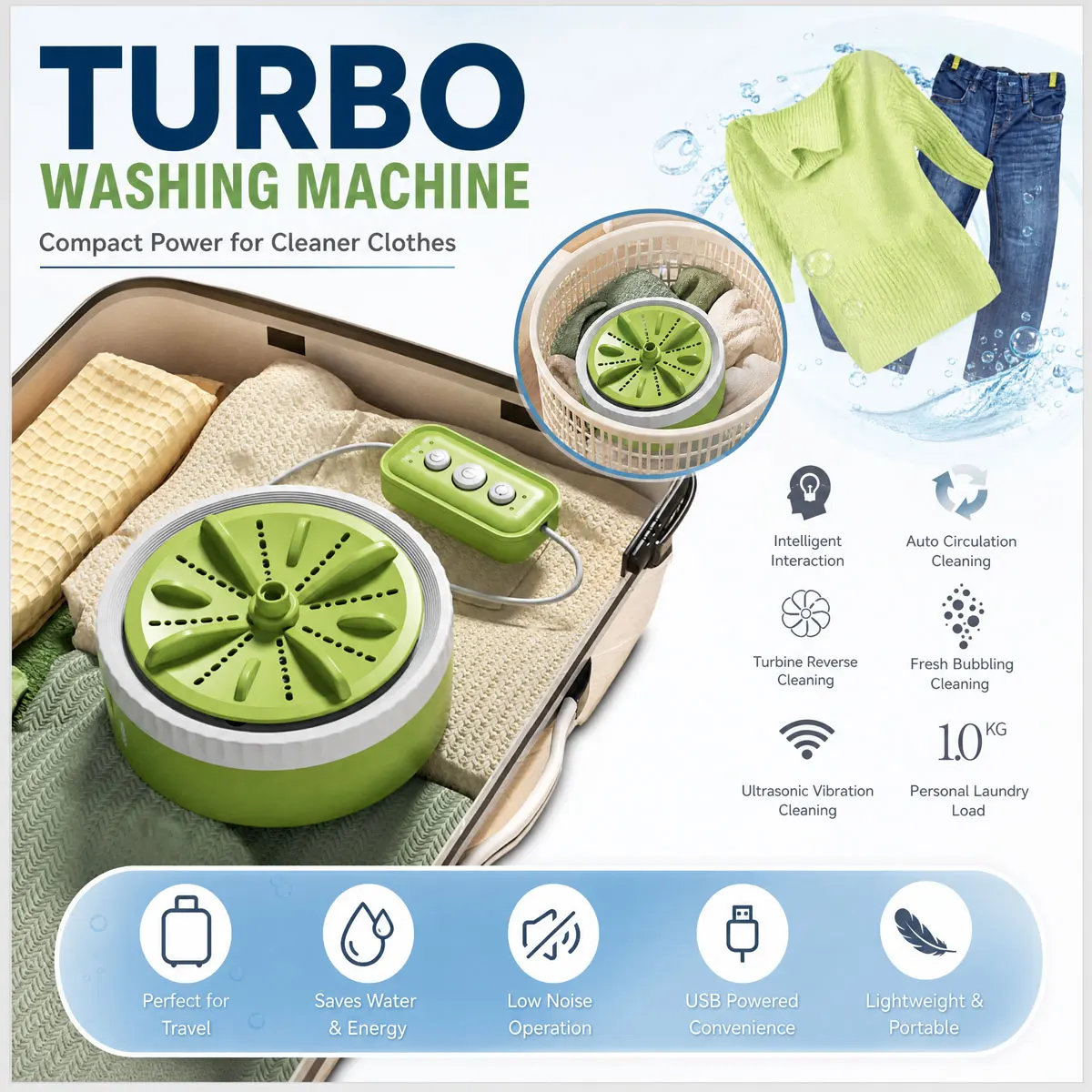 Portable USB Mini Washing Machine, Ultrasonic Turbo Washer for Clothes & Underwear, Multifunctional Fruit Dishwasher for Home Tr