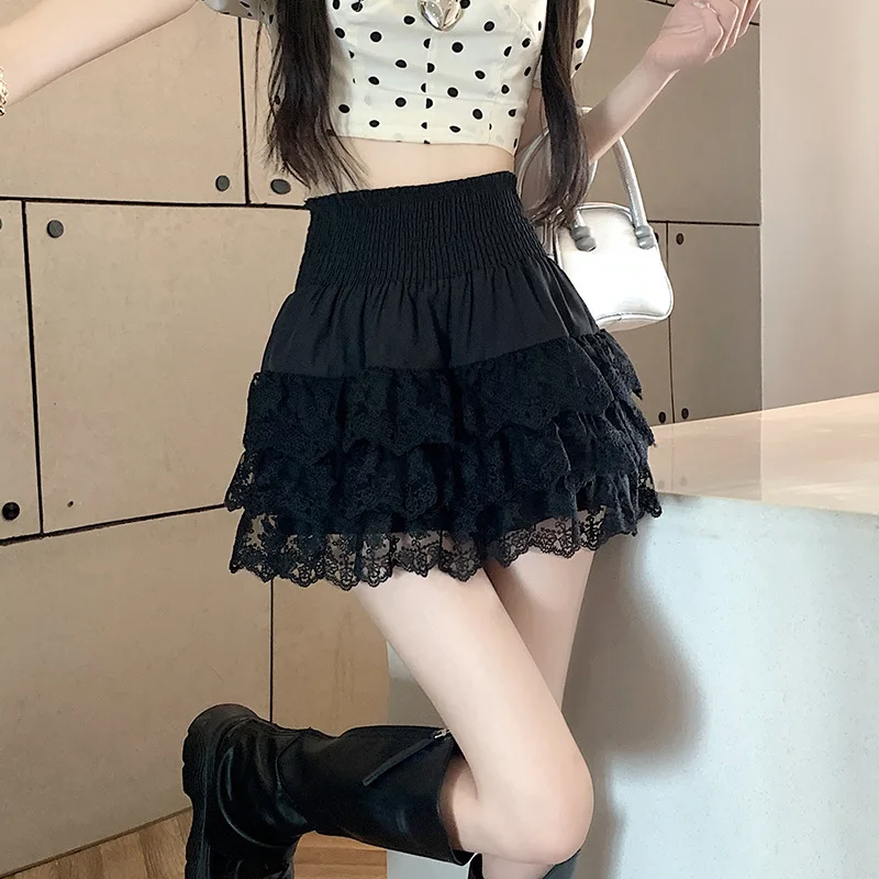 Elastic Lolita Lace Tutu Skirt Women Black Sexy Mini Tulle Skirts Party Club Wear Dancer Mesh Detail Petticoat
