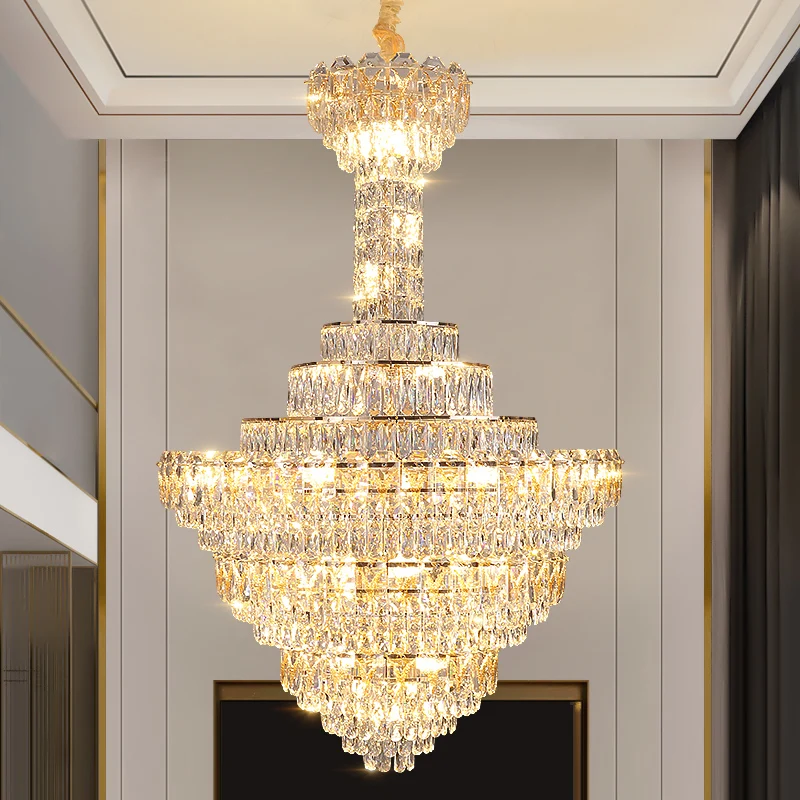 2024 New Duplex Large Chandelier Villa Building Middle Floor Living Room Crystal Light Luxury Crystal Jump Floor Long Chandelier