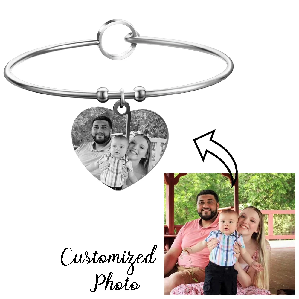 

Personalized Family Photo Name Bracelet Customized Symbols with Heart Round Rectangle Pendant Bangle Gift for Women Men Couples