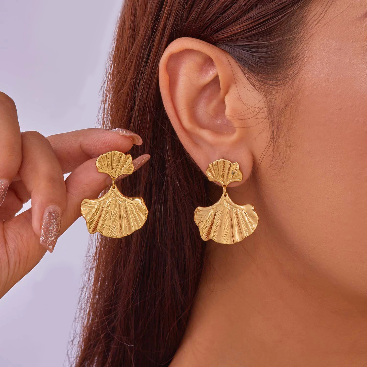 Bohemian Gold Color Ginkgo Biloba Leaf Shape Drop Earrings for Women Fashion Stainless Steel Flower Earrings Party Jewelry