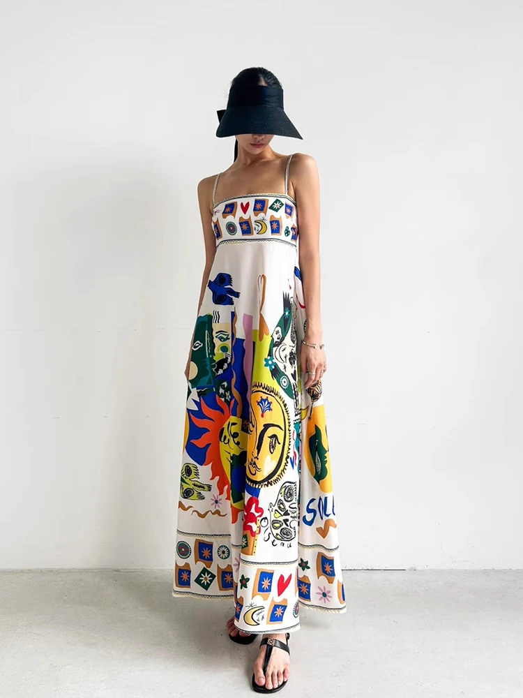 Chic Summer Vintage Holiday Sle Square Ne Abstract fiti Print Design A-Line Strapl Dr Women's High Waist No Brand