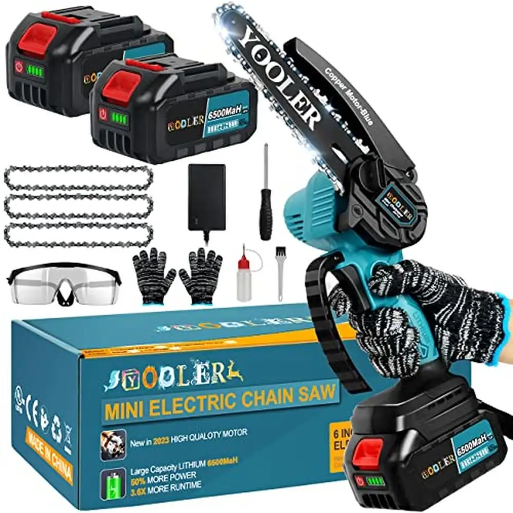 Portable Cordless Electric Chainsaw 6" Mini Chainsaw Kit with 2Pcs 24V 6500mAh Battery & Protective Gear