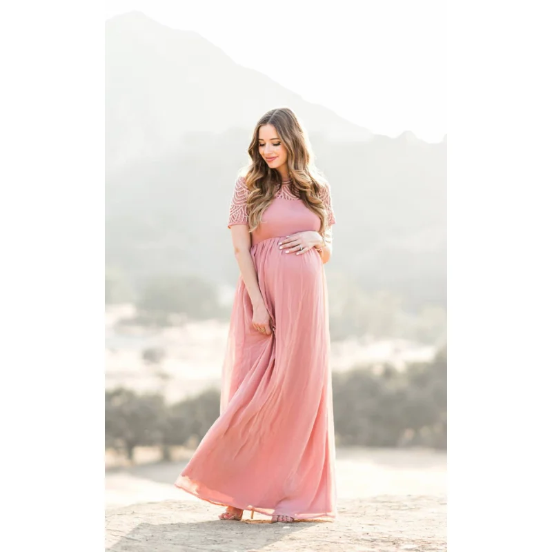 Maternity Dress Pregnancy Photography Props Dusty Pink Long Chiffon Dress Elegant Pregnant Women Clothes Lace Dresses