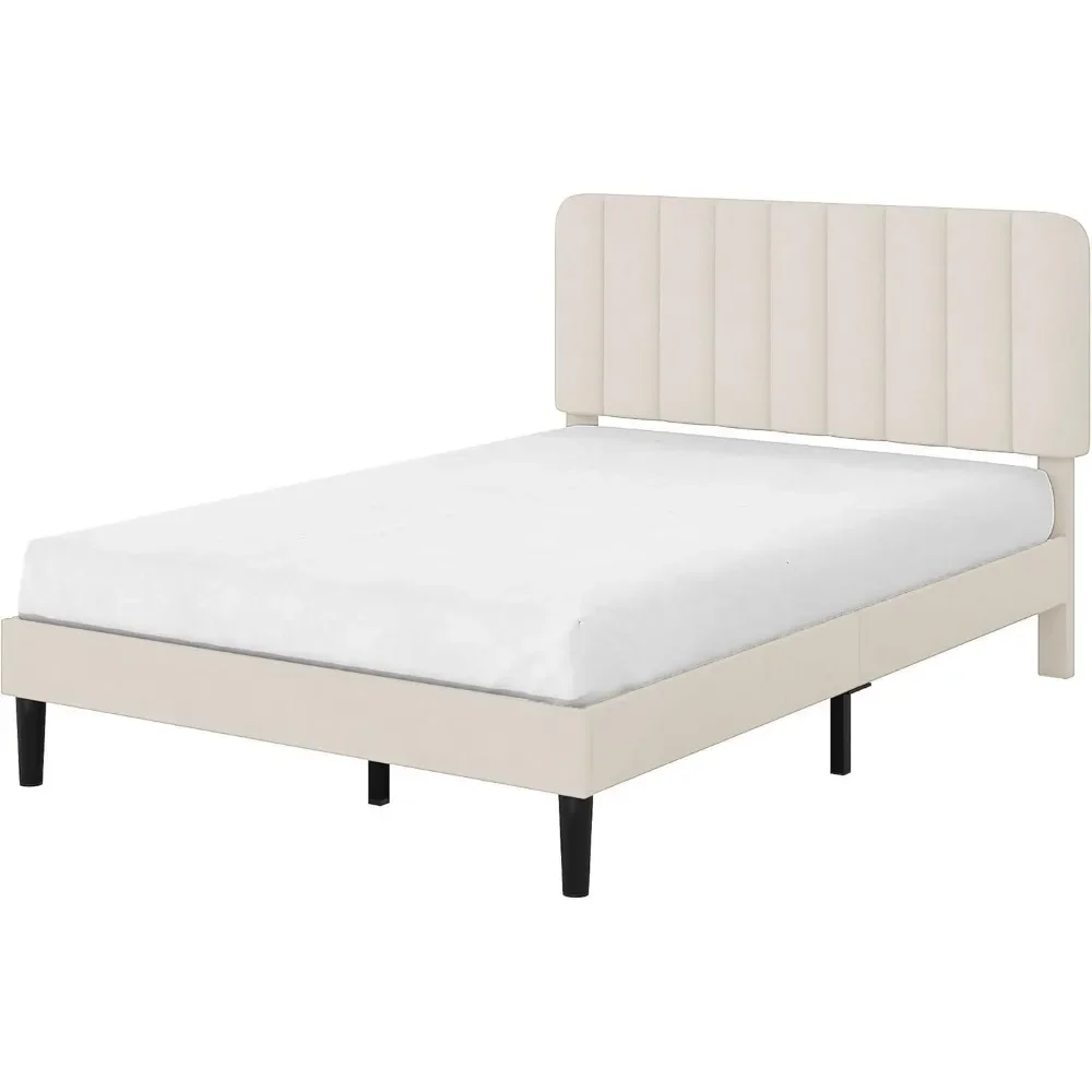 إطار سرير بحجم كوين مع لوح رأسي منجد، كريم أساس مرتبة بإطار سرير، دعم شريحة خشبية قوية، لا حاجة إلى صندوق زنبركي