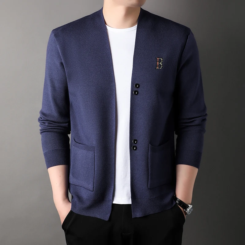 

High end letter embroidered knitted shawl cardigan men autumn new luxury fashion brand button comfort pocket casual sweater coat