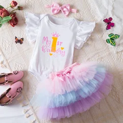 3Pcs Summer Infant Girl 1st Birthday Party Outfit Sets Letter Print Ruffle Short Sleeve Bodysuit Cute Ball Gown