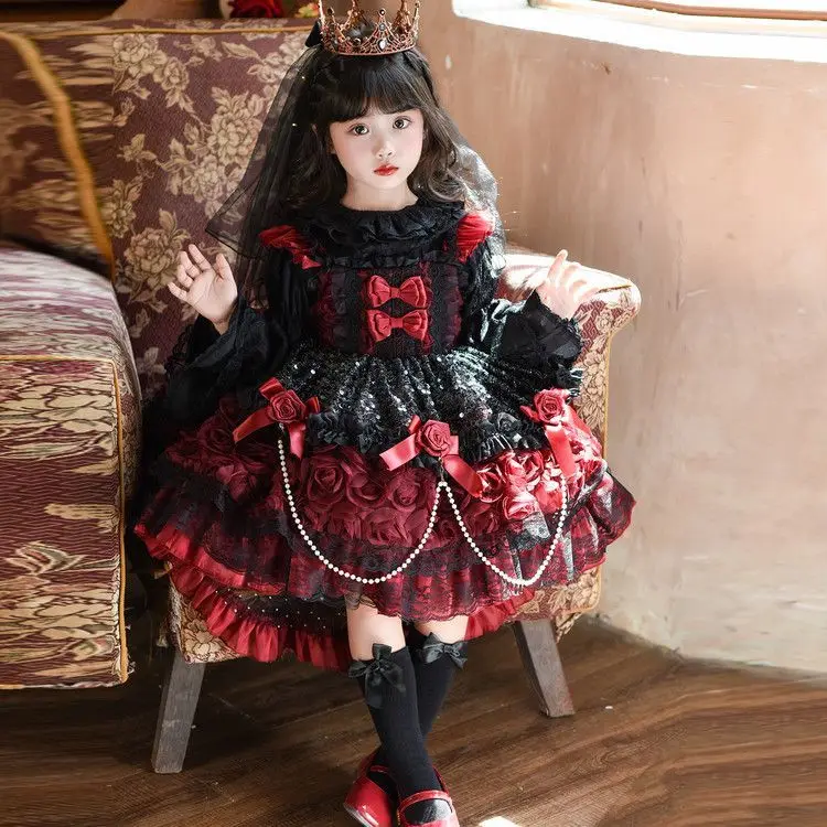 Autumn Winter Girls Pricess Lace Toddler Cute Baby Ball Gown Halloween Star Lolita Sundress+Base Shirt 2pcs Suit Party Clothes