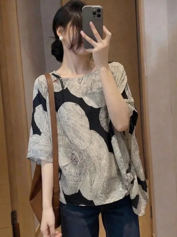 

plus Size Batwing Sleeve Shirt Women's Loose Fit Shoulder Baring Short Sleeve Top Korean Style Commute Fashion Summer New Arr...