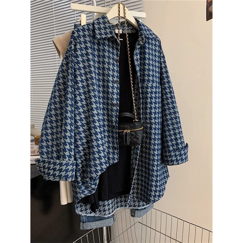 

Женская свободная рубашка-куртка в клетку в стиле ретро, размер 300 Pou, осенняя, с воротником, в корейском стиле, повседневная верхняя одежда для всех типов фигуры