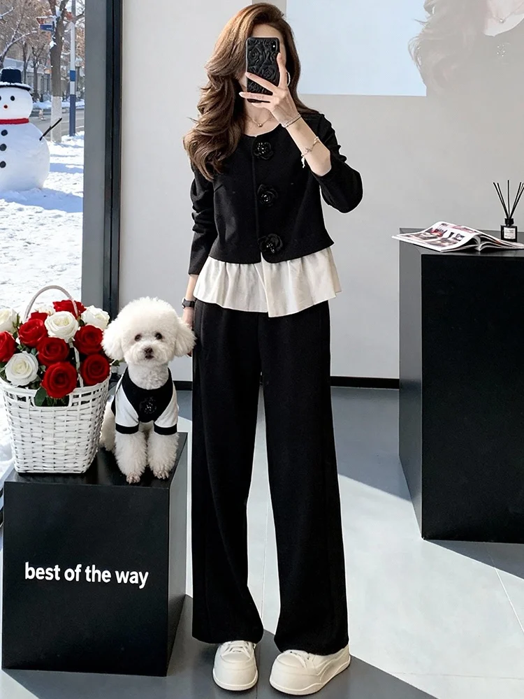 

Fashionable Black Splice Top Wide Leg Pants Women's Two-Piece Set Spring New Design Sensation Anti-Aging Clothing Comfortable