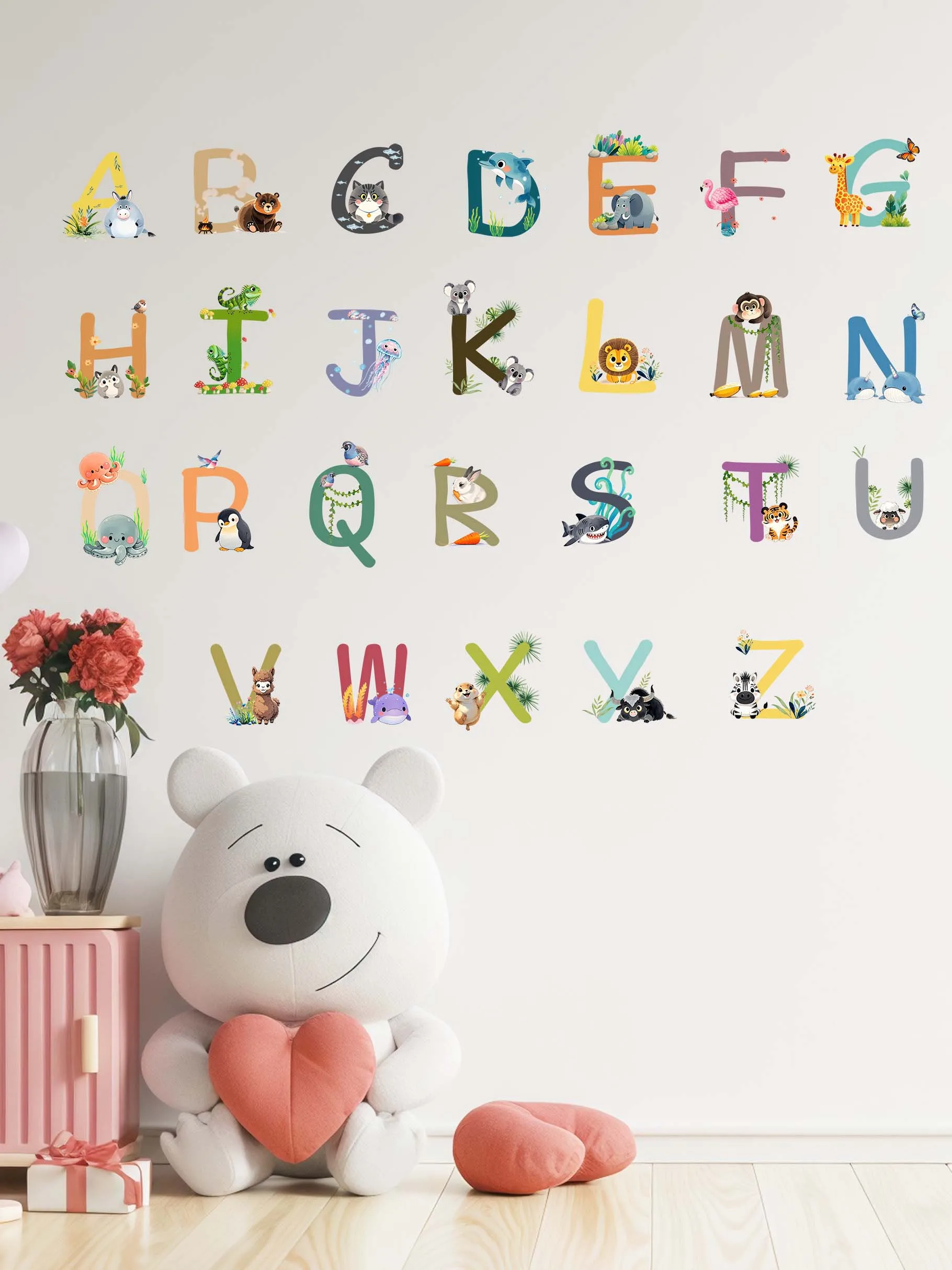 26 Animal English Letter Wall Stickers for Children's Room Early Education Enlightenment Cartoon Animal Letter Wall Decoration S