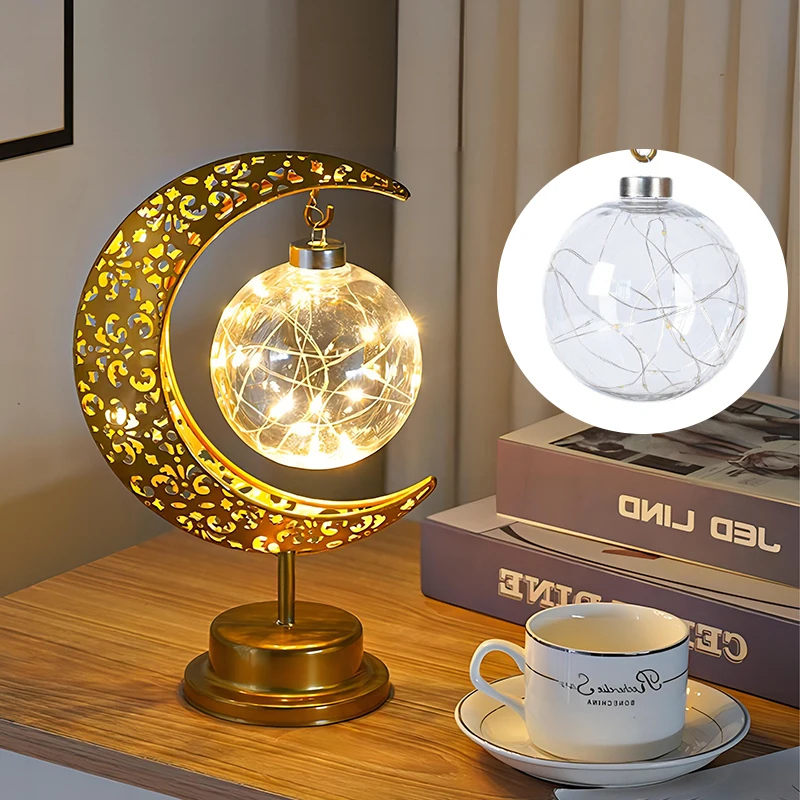 

D5 Metal LED Moon Lamp Star Moon Bedroom Night Light Bedside Round Ball Table Lamp Ramadan Decor Halloween Christmas Mood Light