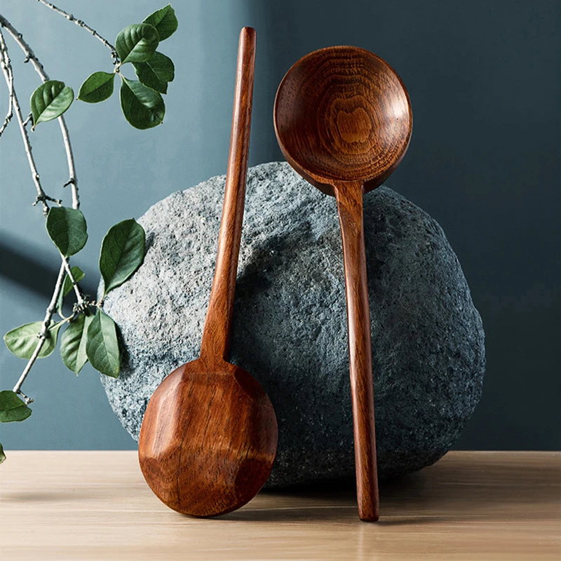 1PC Long Handle Ramen Wooden Spoon Japanese Kitchen Cooking Tableware Soup Teaspoon Catering Tablespoons Home Large Soup Ladle