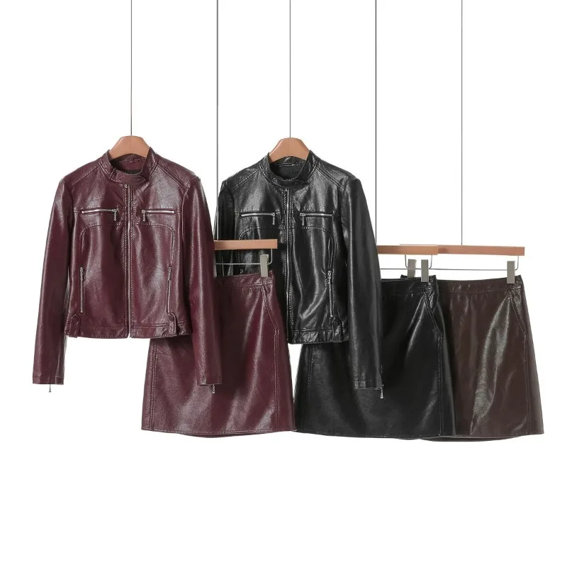 PU Motorcycle Style Fashion Set for Autumn: Stand-up Collar Zipper Jacket Anti-exposure Short Skirt Simple Commuter Women's Wear