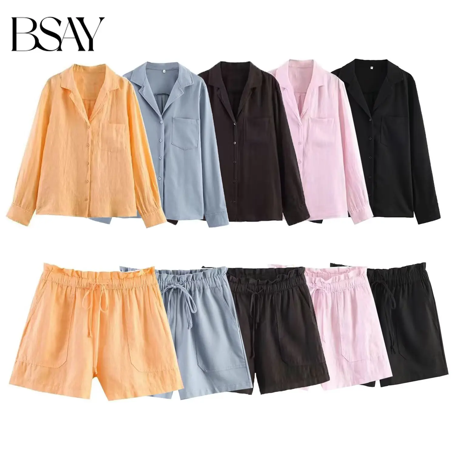 

BSAY Women's Casual 2-Piece Outfit V-Neck Long Sleeve Lapel Button-Up Shirt with Pockets and Elastic Waist Drawstring Shorts