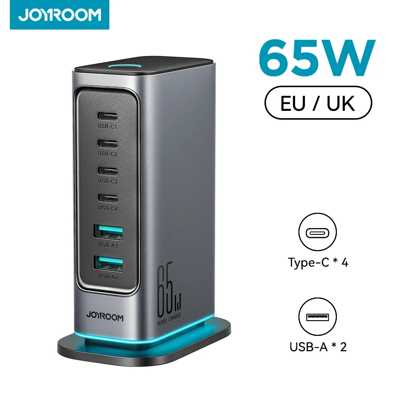 JOYROOM 65W GaN Charger Desktop Charging Station 4C2A Port Fast Charging PD 65W Laptop Charger Adapter for MacBook JR-TCM02