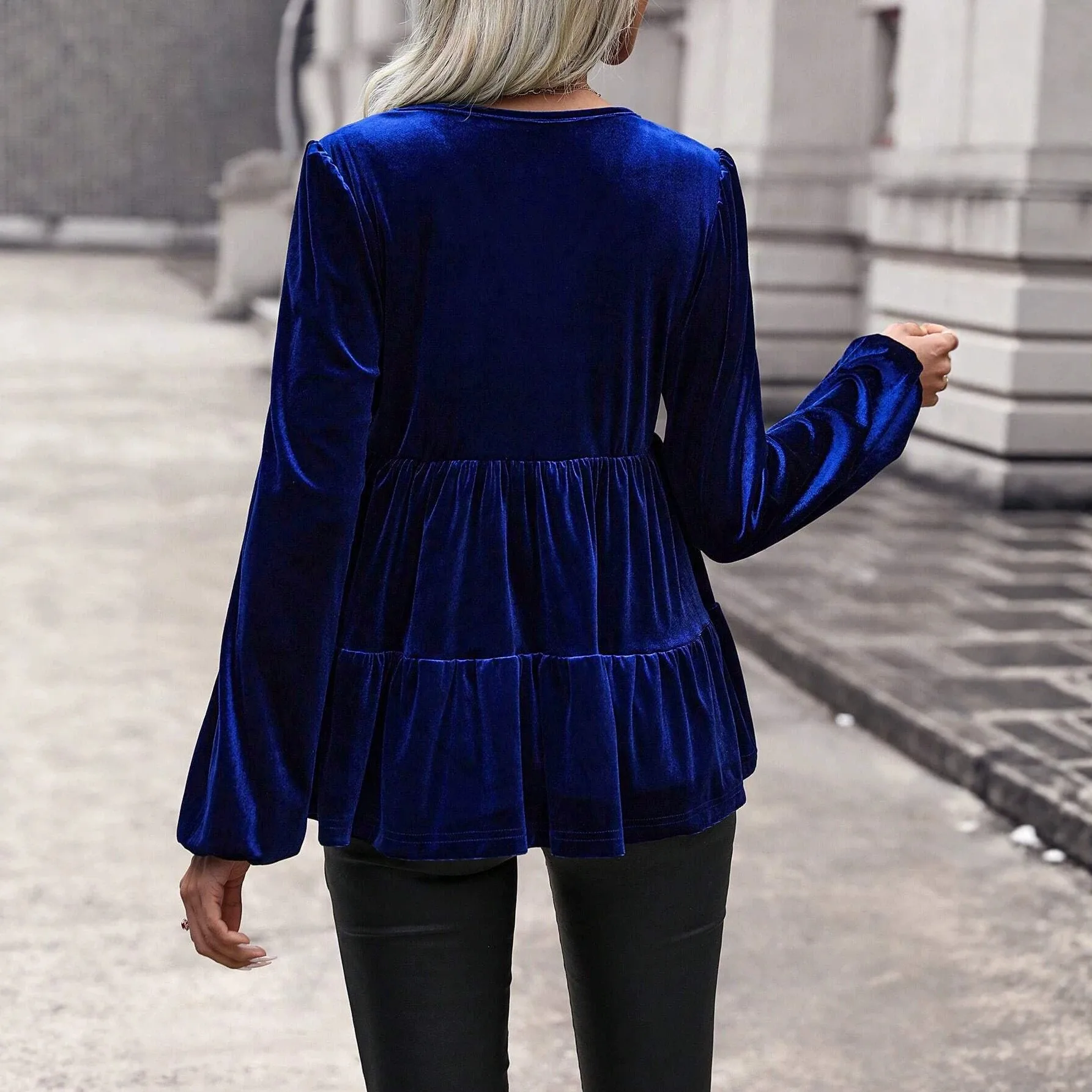 V Neck Ruffle Top Regular Length Commuter Chic with Long Sleeve Puff Sleeve Loose Fit T Shirts for Women Daily Party Autumn Date