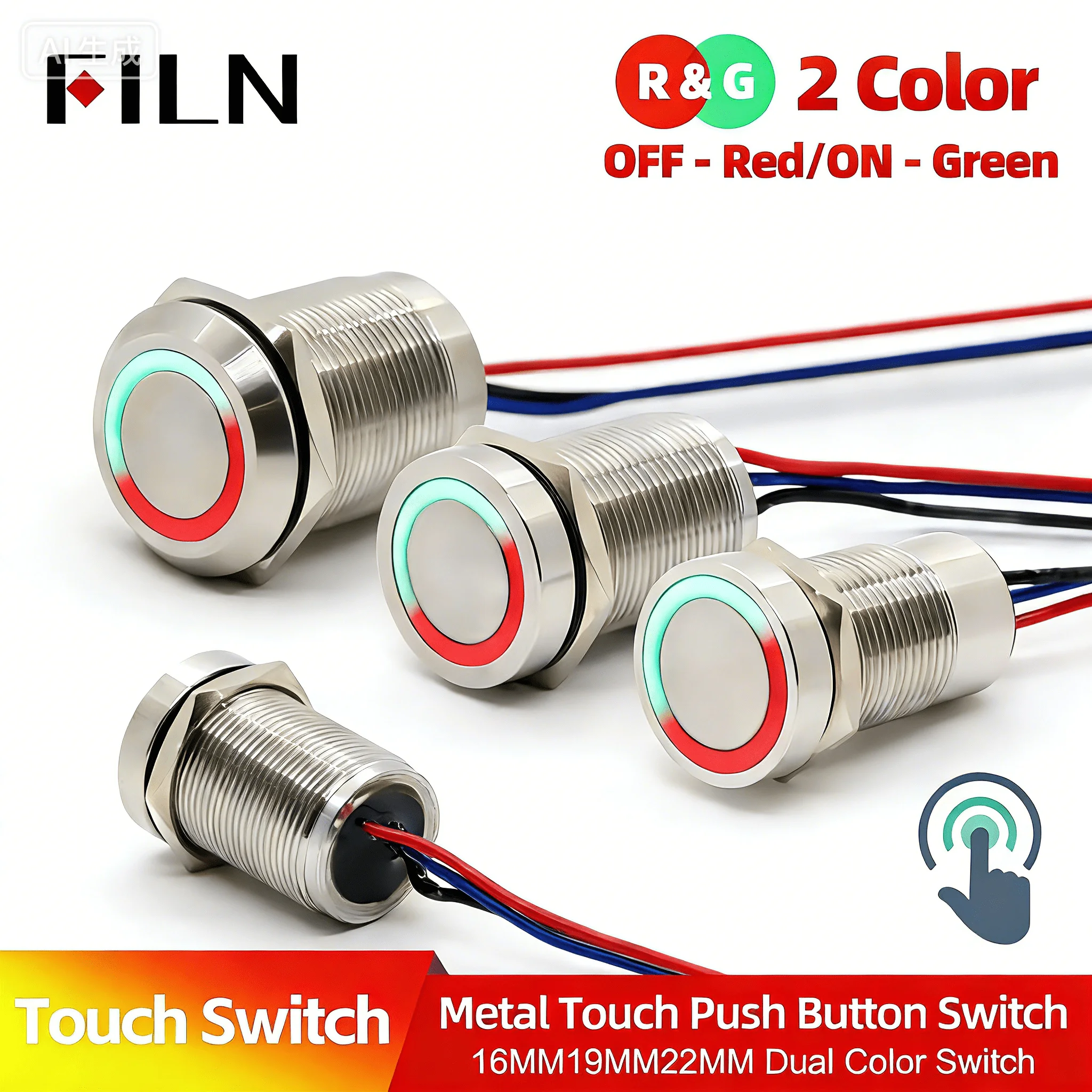 FILN 16/19/22mm Stainless Steel Touch Push Button Switch Dual Color LED Red Green Waterproof IP68/IP69K DC 12V/24V Momentary