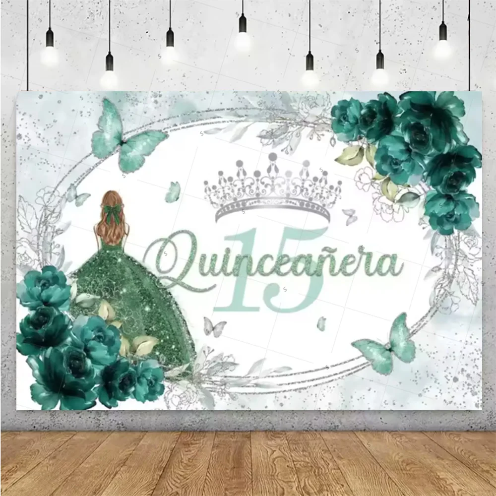 อุปกรณ์ตกแต่งงานวันเกิดเจ้าหญิงอายุ 15 ปี ชุดเดรสเด็กผู้หญิง ฉากหลัง มงกุฎกลิตเตอร์ พื้นหลังดอกไม้ อุปกรณ์ประกอบฉากถ่ายภาพ