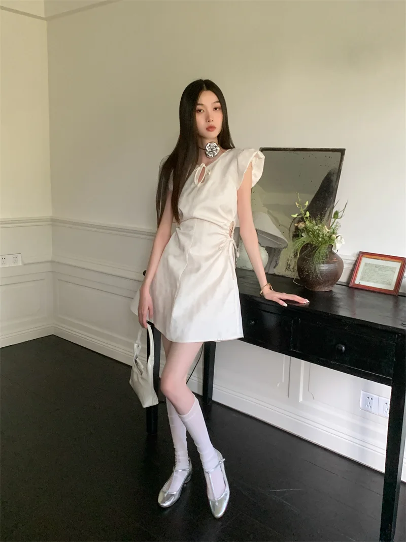 CHEERART Vintage Jacquard Puff Sleeve Short Dresses Woman Summer Drawstring Cut Out Designer Mini Dress