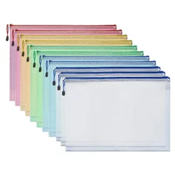 10pcs Colorful Zipper Pouches Vibrant Color Waterproof File Bags with Mesh Pockets Handle Rope for Note for Organization