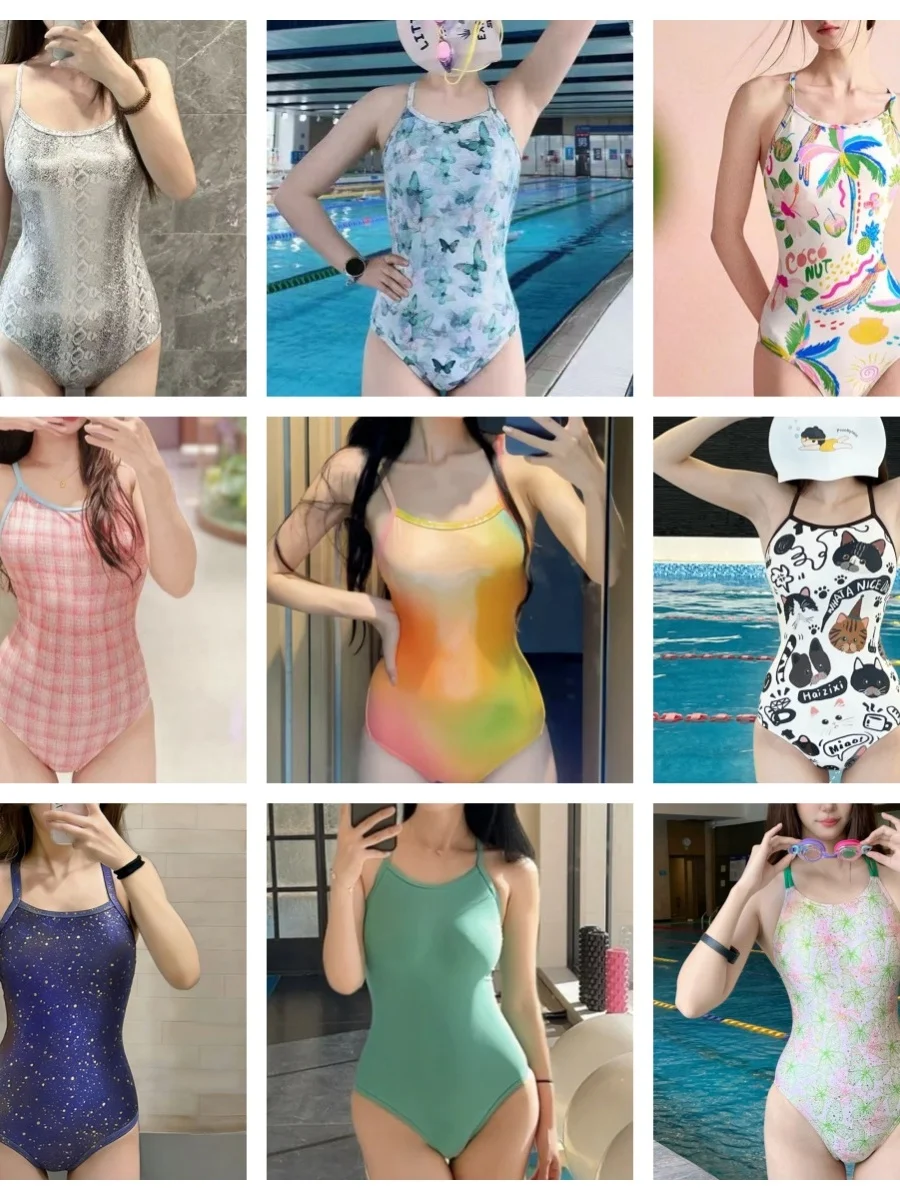 2026 Professional Triangular One-Piece Swimsuit Women's Slimming Competitive Sporty Casual Print Swimwear Tagkita Brand