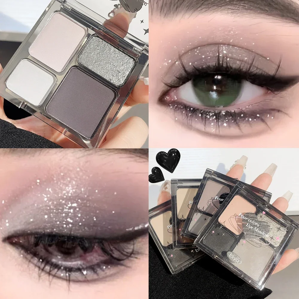 Paleta Matte Glitter Eyeshadow, Shimmer, Shine, Maquiagem de Sombra, Nu, Smokey, Preto, Pigmentos oculares, Cosmético, 4 cores