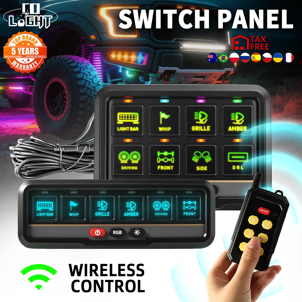 Pannello interruttori CO LIGHT a 8 gruppi con telecomando wireless, scatola di circuiti Colori RGB Relè di controllo circuito momentaneo con interruttore a levetta