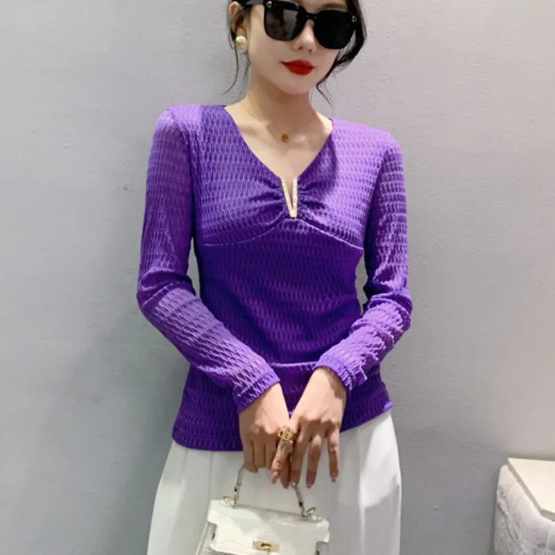 #8024 Black Khaki Purple Office T Shirt Women V-neck Diamonds Split Joint Tight Short Tshirt Femme Long Sleeve Mesh Elastic Tee